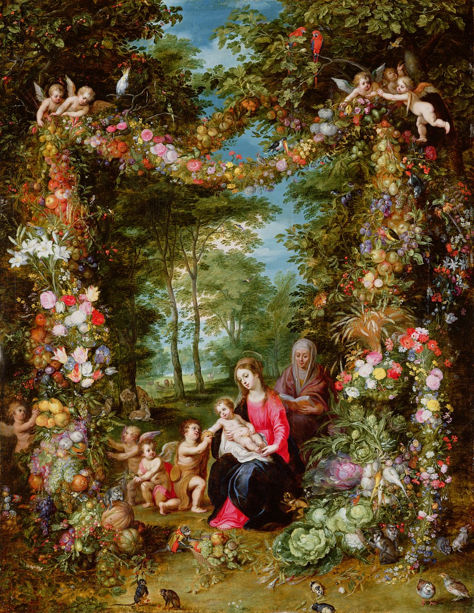 Jungfrun och barnet med spädbarnet Johannes Döparen, Sankta Anna och änglar, omgiven av en krans av blommor och frukt av Jan Brueghel the Elder