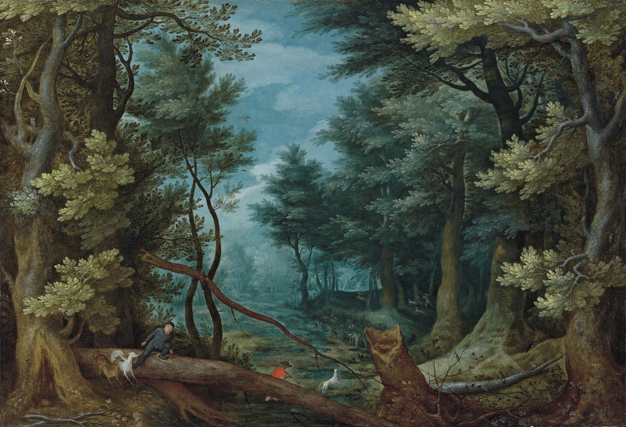 Ett skogslandskap med jägare som jagar en hjort av Jan Brueghel the Elder
