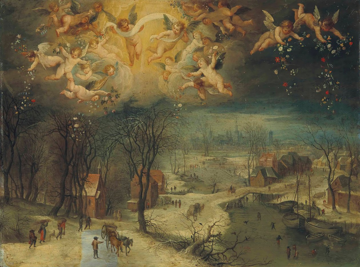 Ett vinterlandskap med bybor som samlar ved och skridskoåkare på en frusen flod..., första tredjedelen av 17 av Jan Brueghel the Elder