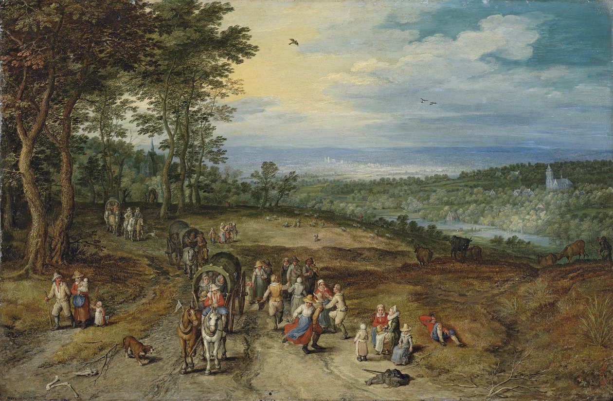 Ett vidsträckt skogslandskap med resande på ett spår och dansande bönder i förgrunden / Landscape with Travellers and Peasants on a Track av Jan Brueghel the Elder