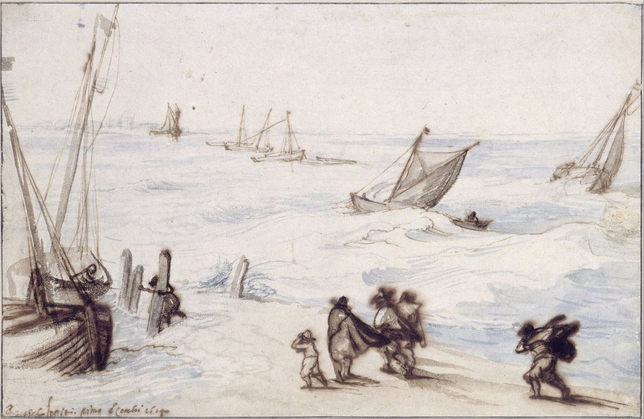 Strand med segelbåtar och stormigt hav av Jan Brueghel the Elder