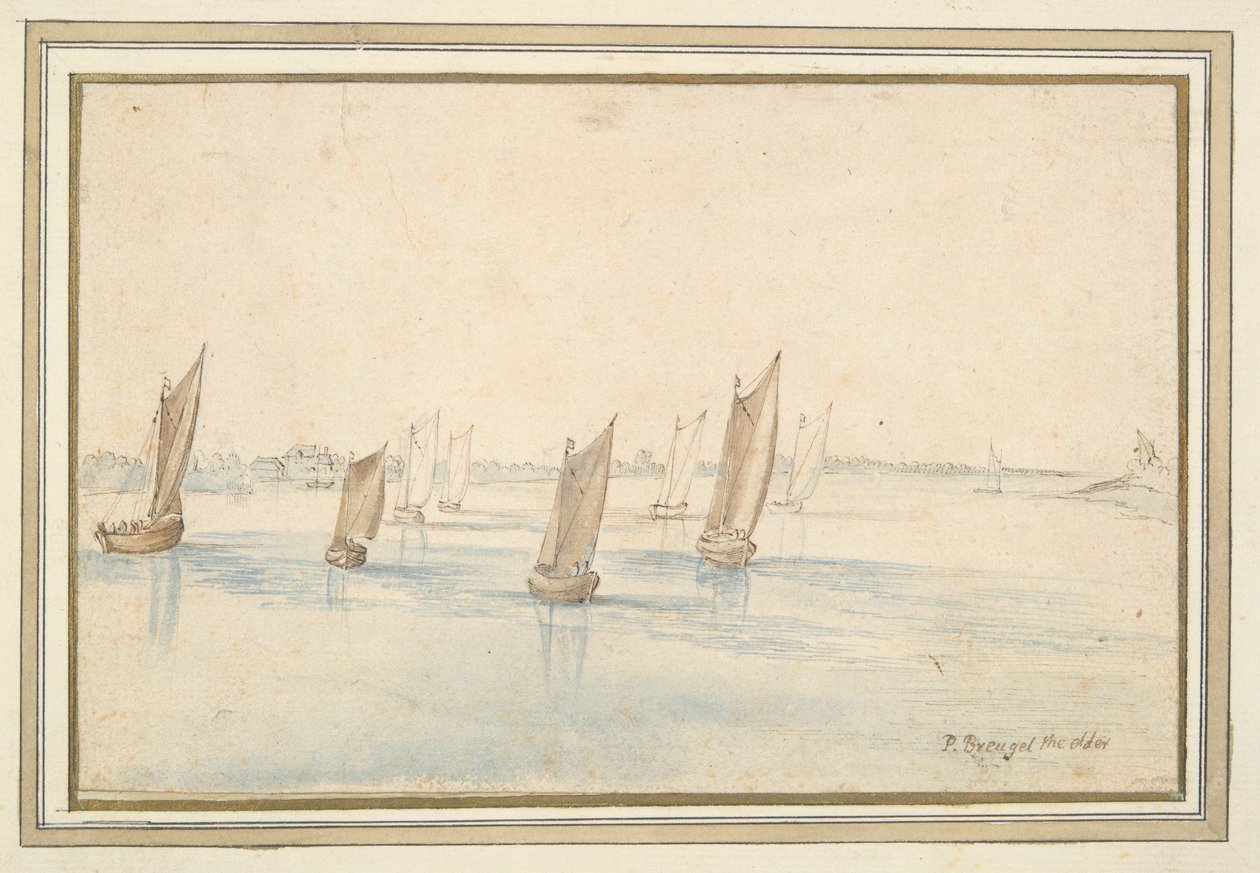 Båtar som seglar på en flod, ett hus på landet i fjärran av Jan Brueghel the Elder