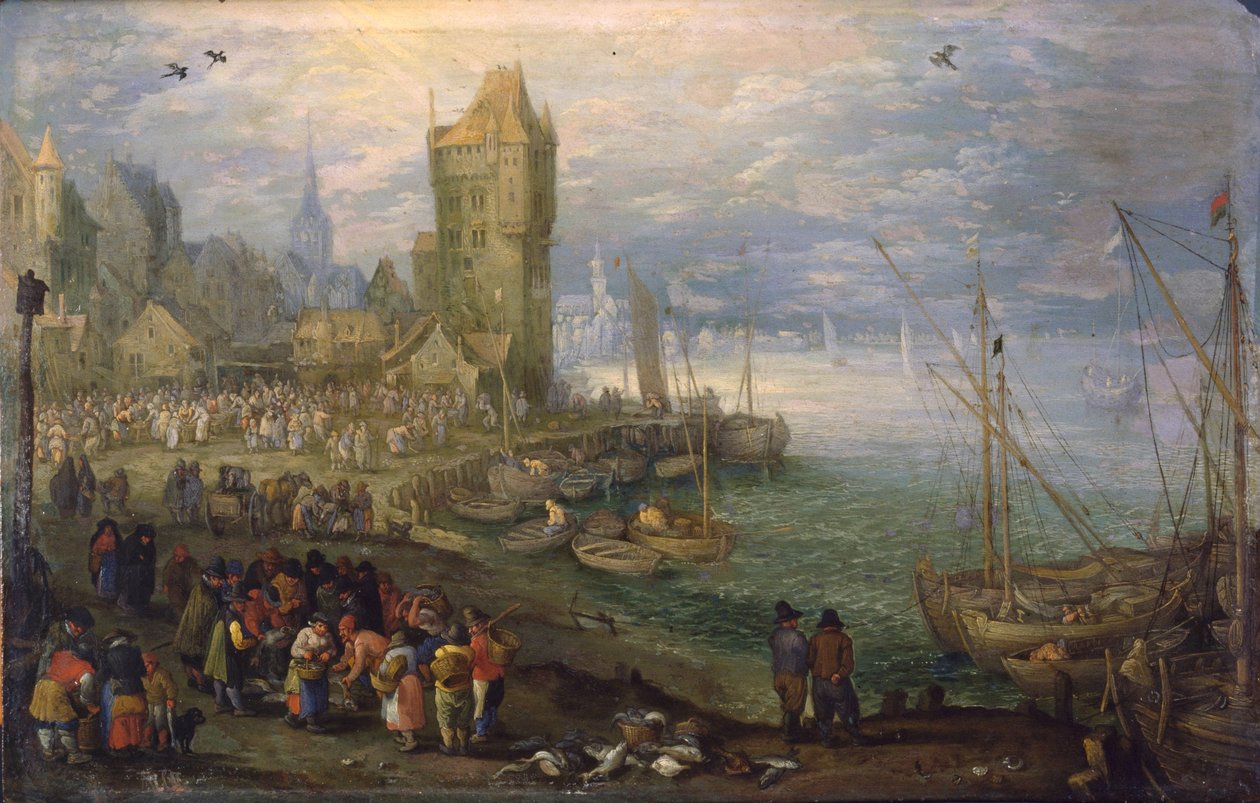 Holländska: Fiskmarknad nära en hamn Fiskmarknad nära en hamn av Jan Brueghel the Elder