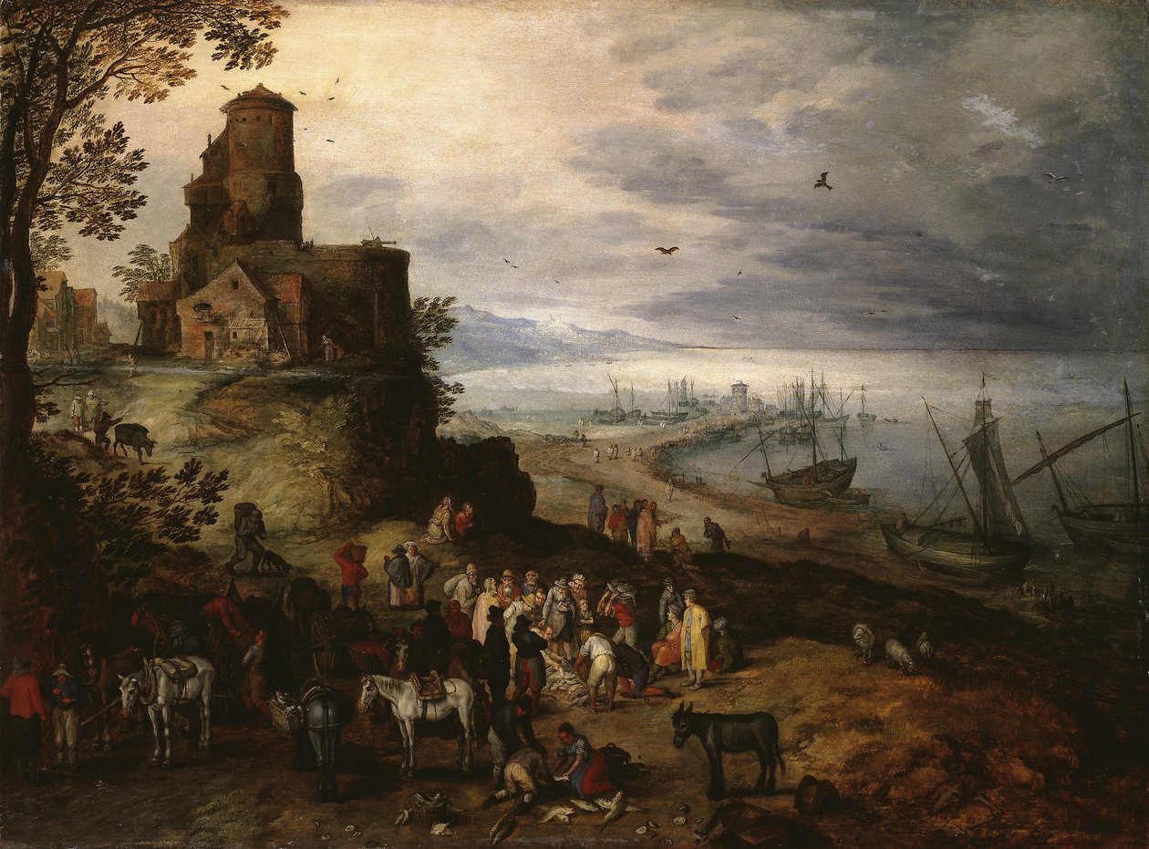 Fiskmarknad (med apostlarna Petrus och Andreas) av Jan Brueghel the Elder