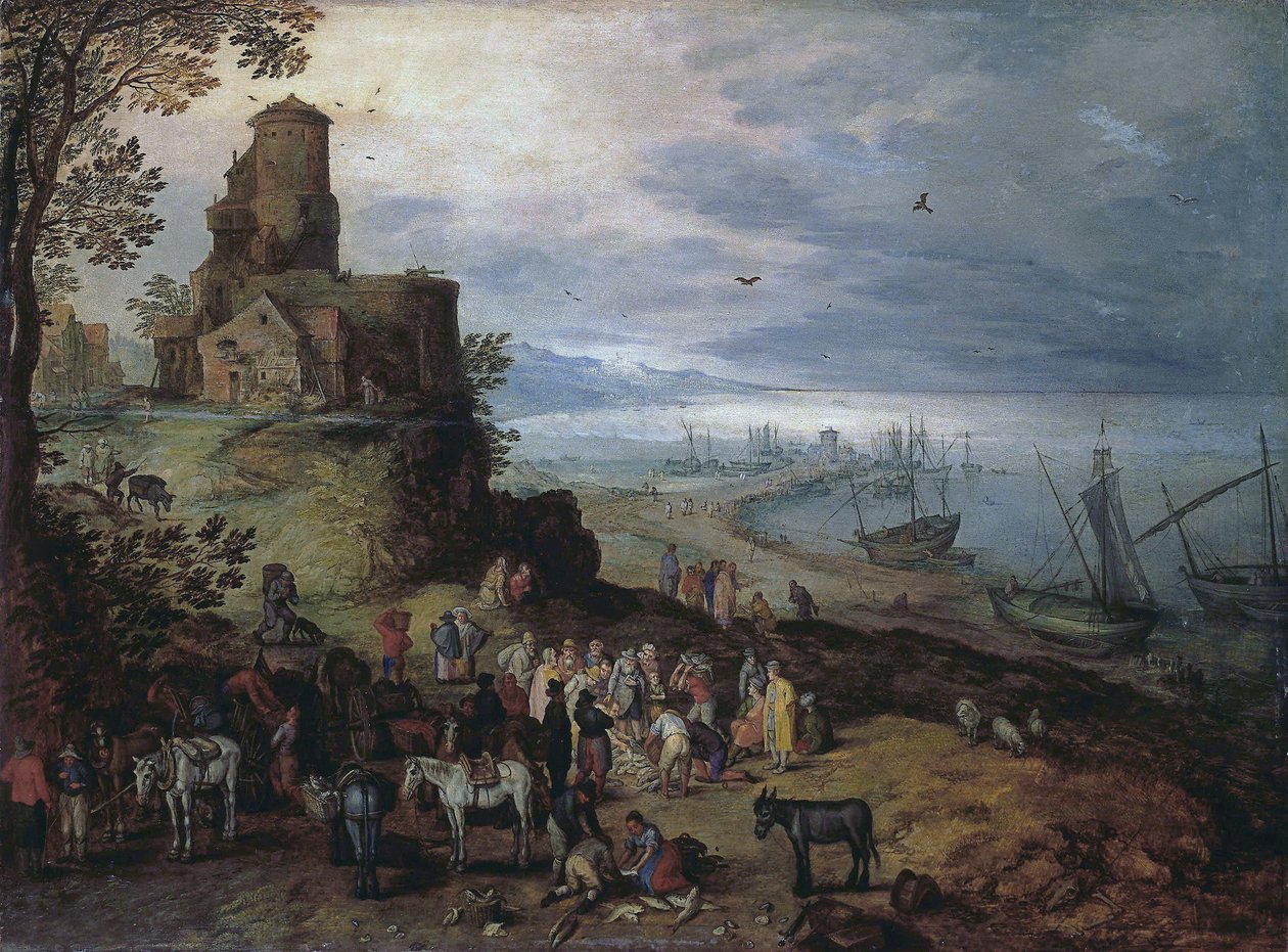 Fiskmarknad (med apostlarna Petrus och Andreas) av Jan Brueghel the Elder