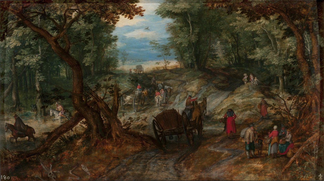 Skog med vagnar som korsar ett vattendrag och ryttare av Jan Brueghel the Elder