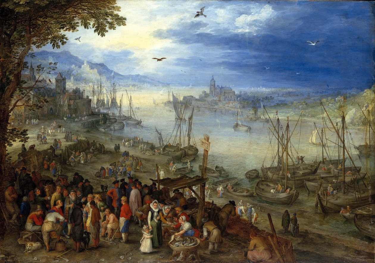 Tyska: Fischmarkt am Ufer eines Flusses Fiskmarknad vid stranden av en flod av Jan Brueghel the Elder
