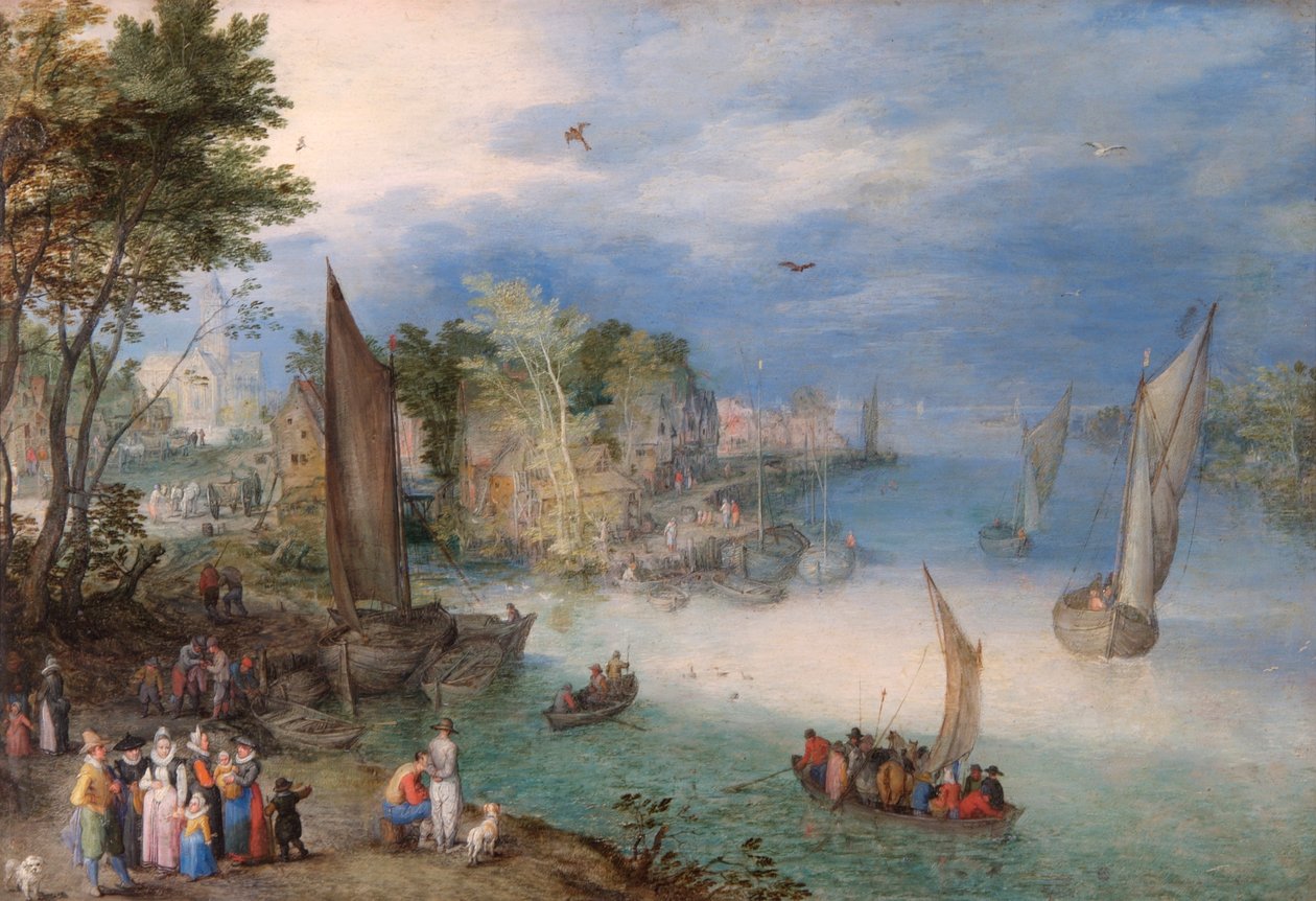 "Flodscen med båtar och figurer", sent 1500-tal eller tidigt 1600-tal av Jan Brueghel the Elder