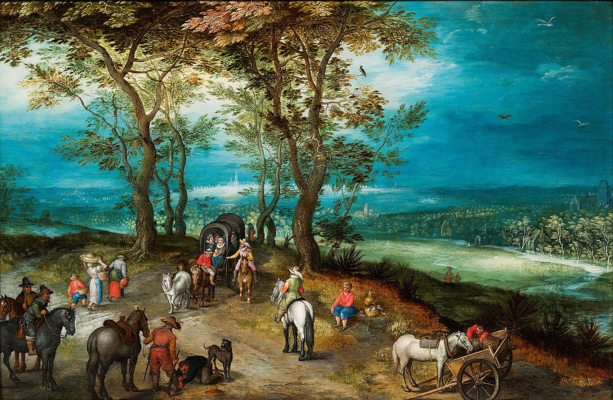 Ett vidsträckt landskap med hästdragen vagn och resande på en väg av Jan Brueghel the Younger