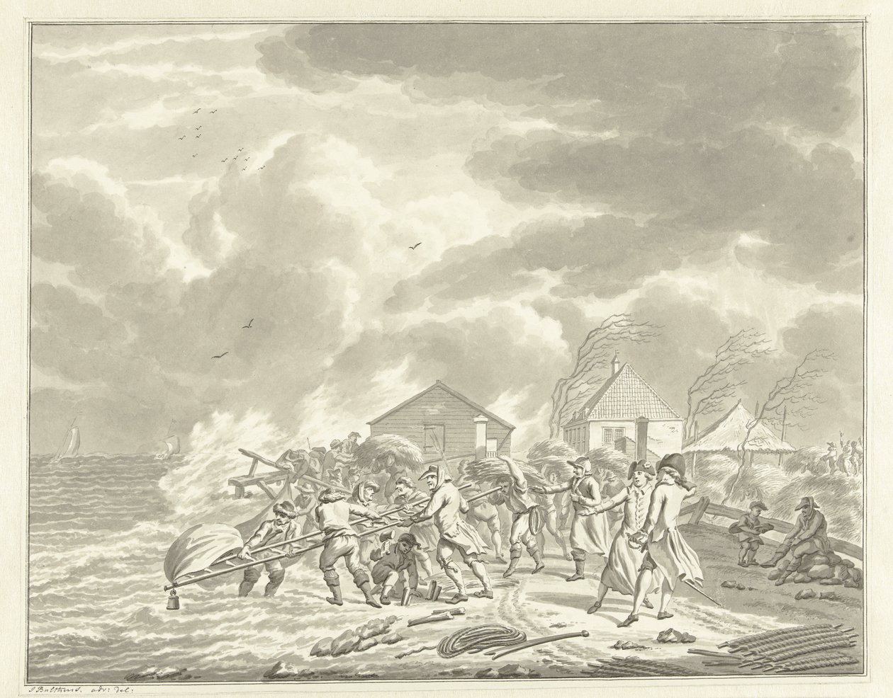 Översvämningen av Diemerzeedijk nära Amsterdam, 1776 av Jan Bulthuis (signed by artist)
