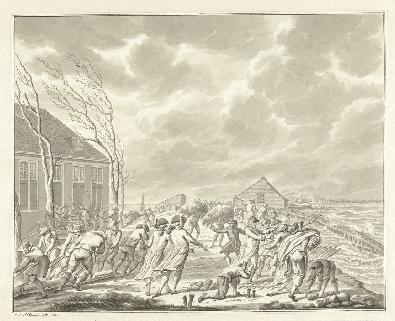 Översvämningen av Diemerzeedijk nära Amsterdam, 1776 av Jan Bulthuis (signed by artist)