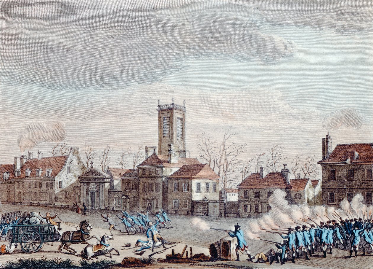 Strid framför Eglise de la Chapelle, Paris. mellan väktarna av barriärerna för Fermiers Generaux och revolutionärerna den 24 januari 1791, ca 1795 av Jan Bulthuis