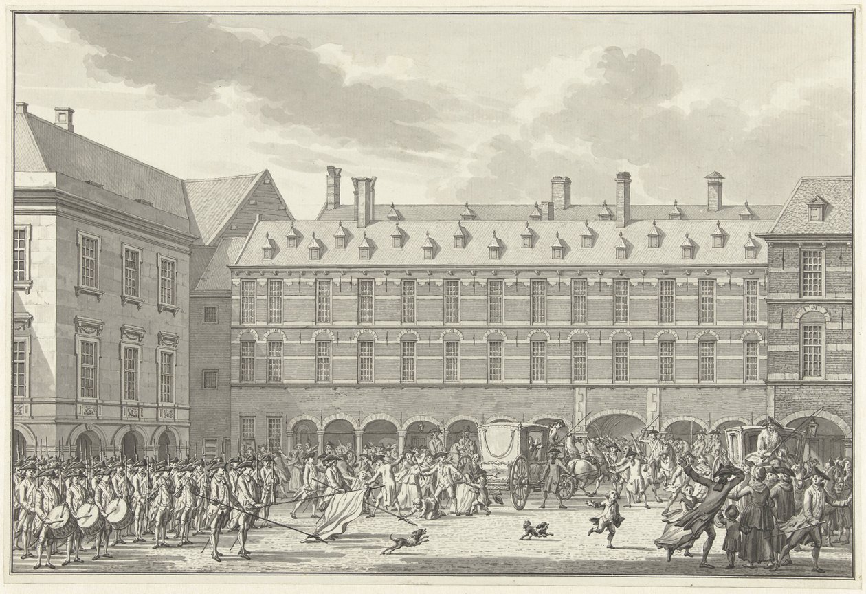 Störningar när deputerade i Dordrecht kör genom Stadhouderspoort på Binnenhof, 1786 av Jan Bulthuis