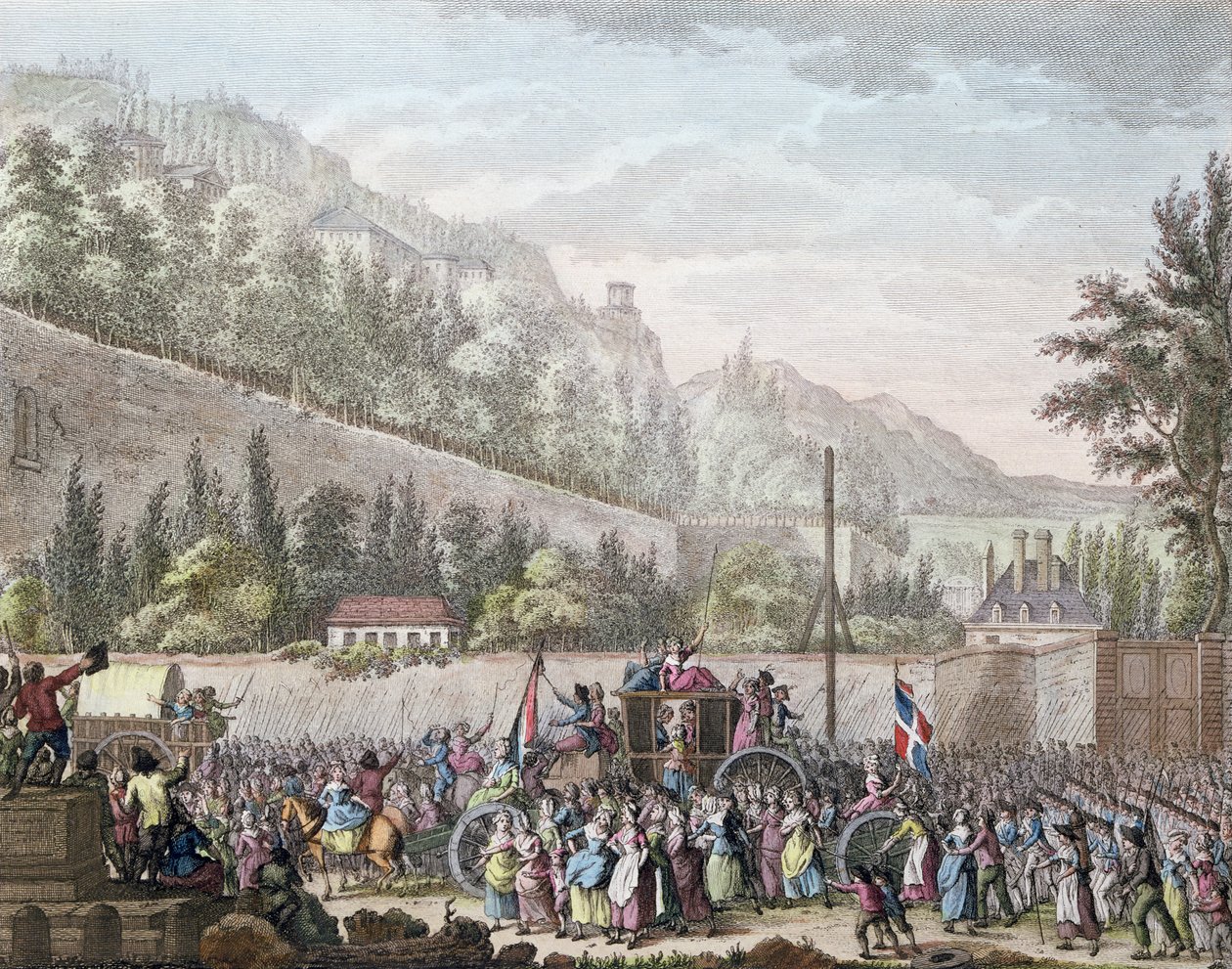 Kvinnorna på Les Halles i Auteuil när de förde den franska kungafamiljen till Paris från Versailles den 6 oktober 1789, 1796. av Jan Bulthuis