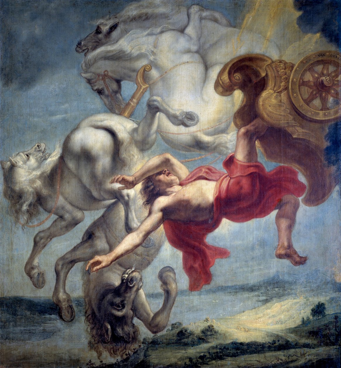 Phaetons fall: oförmögen att bemästra Helios vagn, Phaeton (Phaethon) slås ner av Zeus och faller i Eridanfloden (Phaetons fall) - Målning av Jan Carel van Eyck (1649-cirka 1690), Olja på duk, sent 1600-tal, Mått: 197x18 av Jan Carel van Eyck
