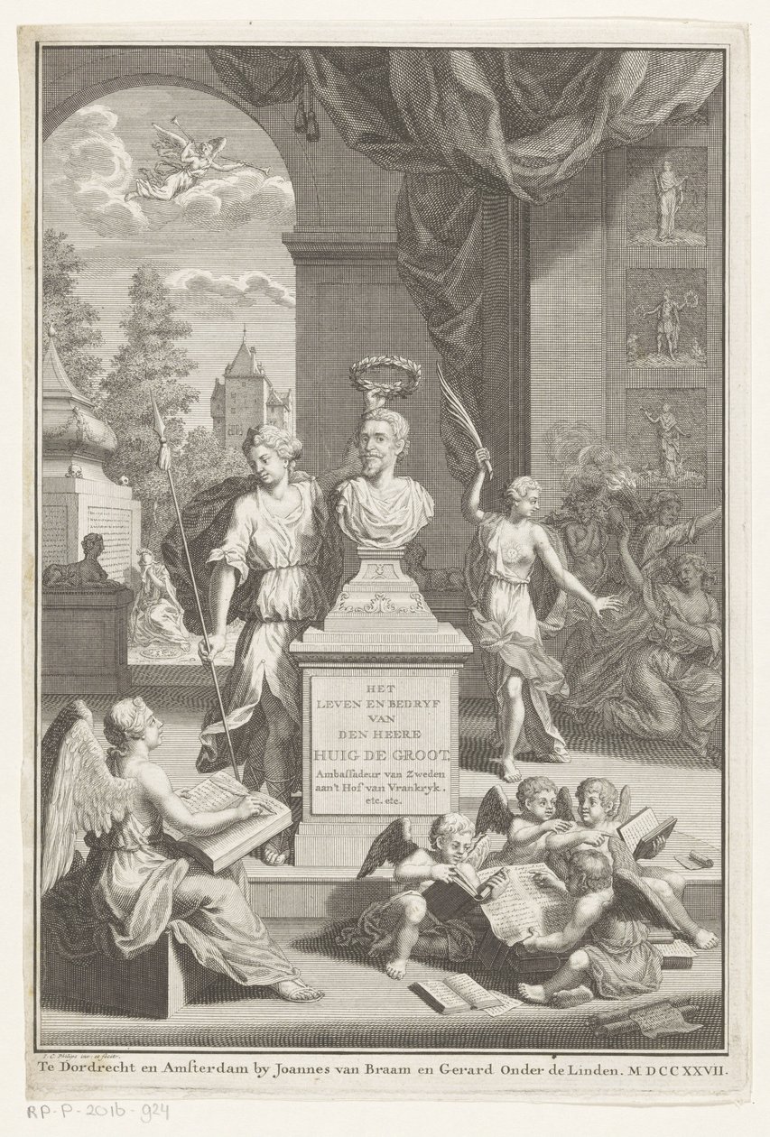 Byst av Hugo de Groot hyllad av Victoria Huig de Groots liv och verksamhet (titel på objektet) Titelsida för: Caspar Brandt och Adriaan van Cattenburg, History of the life of Mr Huig de Groot, 1727 av Jan Caspar Philips