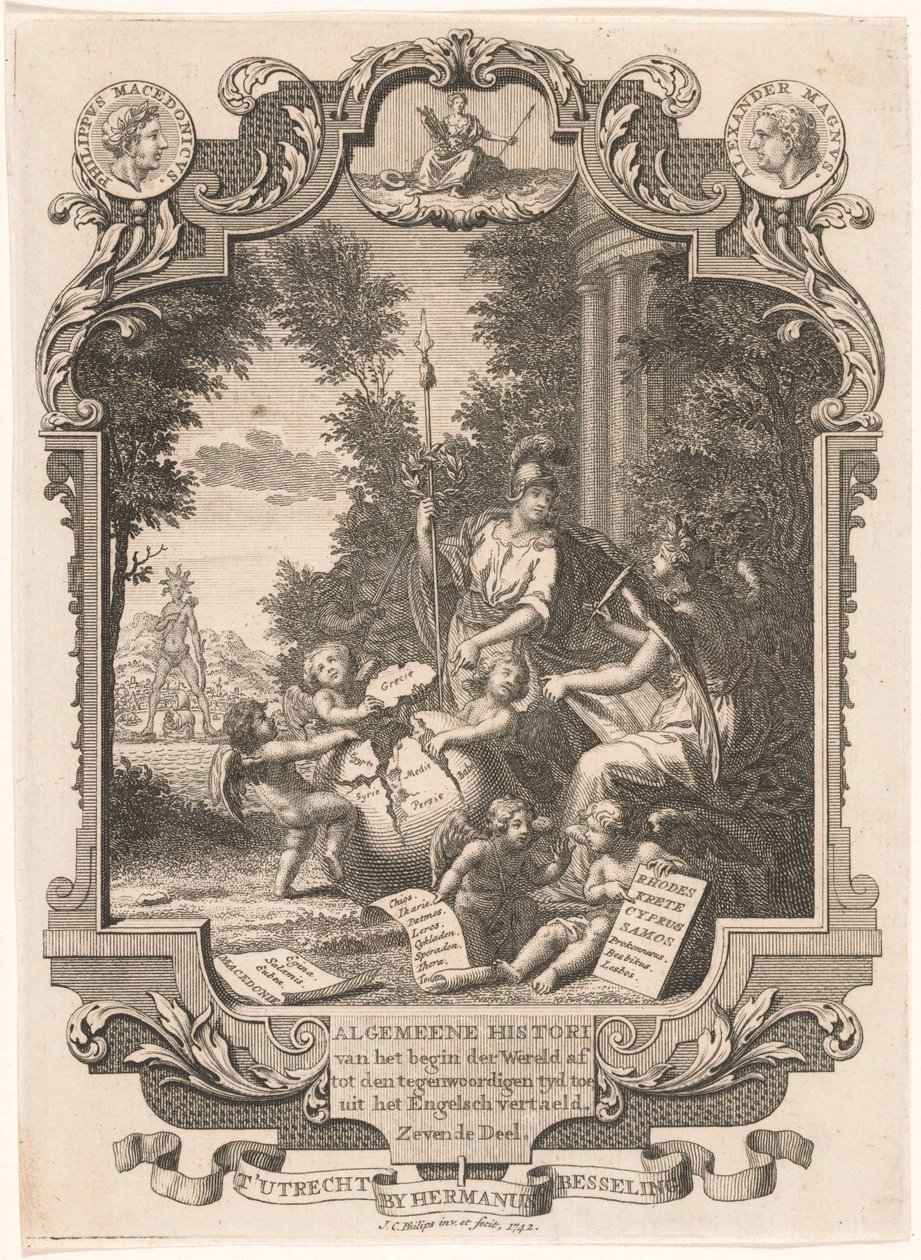 Kartusch med allegori över Greklands historia Titelsida för: Kornelis Westerbaen, Algemeene histori, 1742 av Jan Caspar Philips