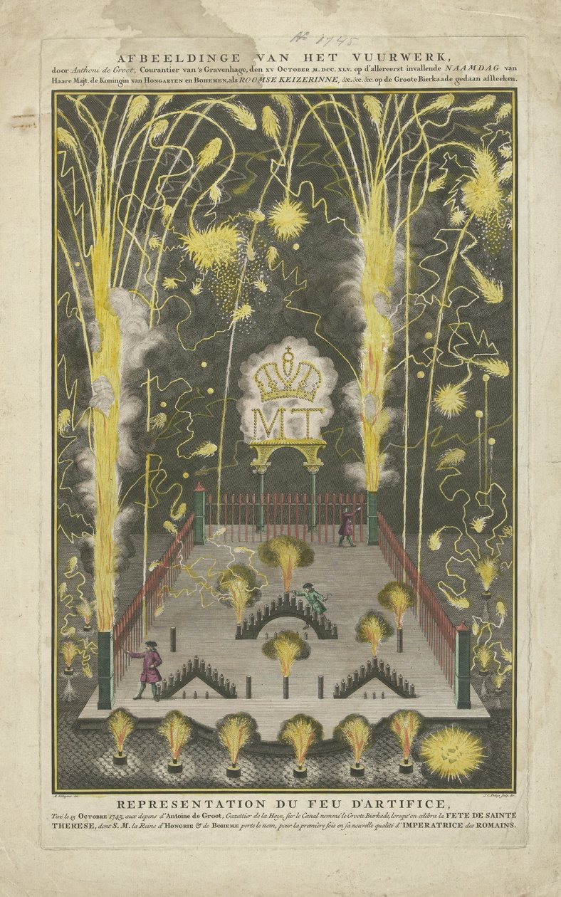 Fyrverkerier avfyrades den 15 oktober 1745, Maria Theresias namnsdag, på uppdrag av Anthoni de Groot Illustrationer av fyrverkerierna, av Anthoni de Groot, Courantier i Haag, den XV oktober MDCCXLV på Haares allra första namnsdag av Jan Caspar Philips