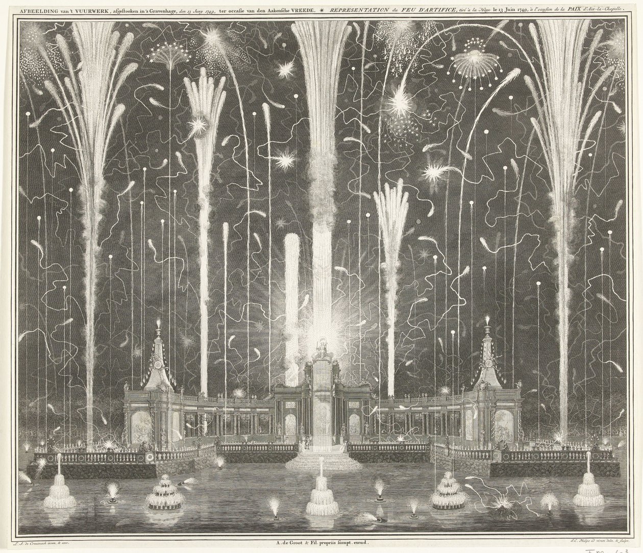 Fyrverkerier i Haag för freden i Aachen, 1749 Skildring av fyrverkeriet, avfyrat i Haag, 13 juni 1749, använd av den Aakensche Vreede / Representation du feu d