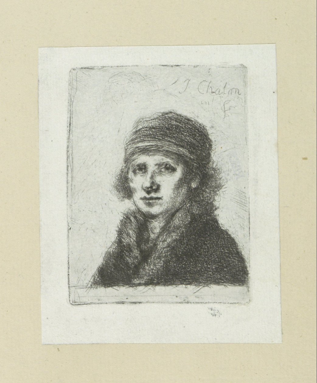 Jonge man sätter bontkraag The Compleat Work of Etchings av John Chalon / Oeuvre Complette des Eaux Fortes av Jean Chalon (serietitel) av Jan Chalon