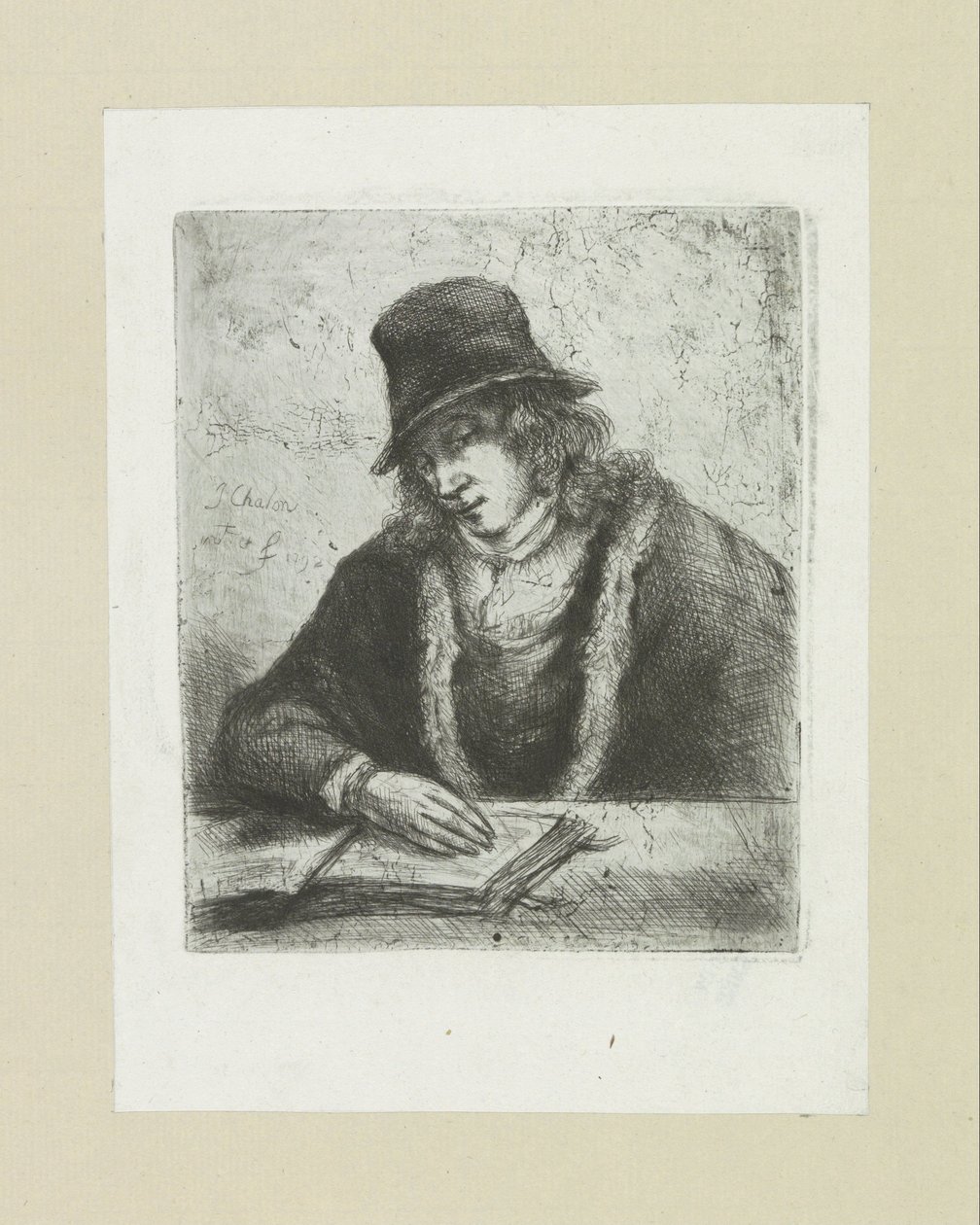 Lezende man sätter hackad The Compleat Work of Etchings av John Chalon / Oeuvre Complette des Eaux Fortes av Jean Chalon (serietitel) av Jan Chalon