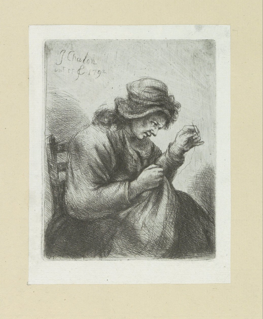 Vrouw sätter naald i draad The Compleat Work of Etchings av John Chalon / Oeuvre Complette des Eaux Fortes av Jean Chalon (serietitel) av Jan Chalon