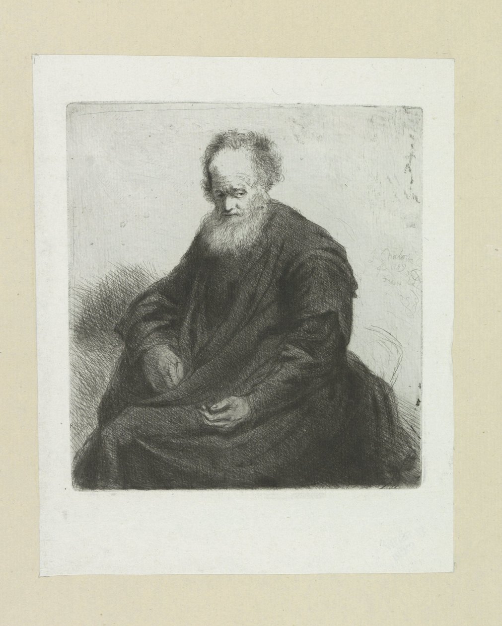 Zittende oude man met lange kappa The Compleat Work of Etchings av John Chalon / Oeuvre Complette des Eaux Fortes av Jean Chalon (serietitel) av Jan Chalon