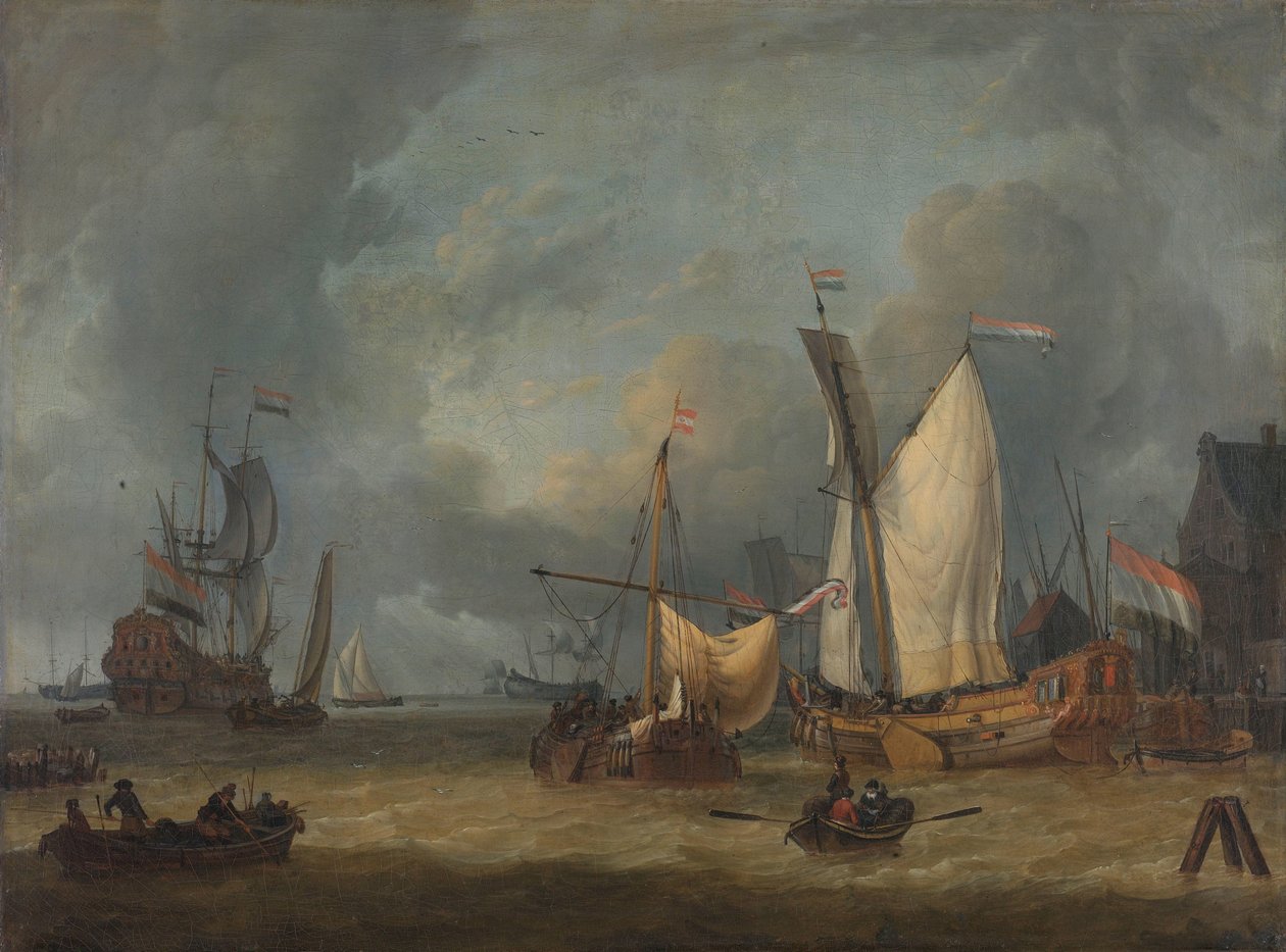 En storm (skepp i hamnen i en styv bris) av Jan Claesz. Rietschoof