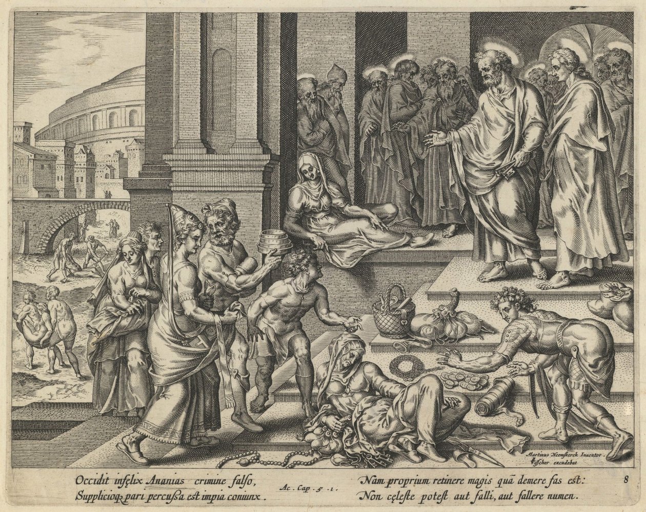 Liknelsen om Ananias och Saffira, tidigt 1600-tal. av Jan Claesz Visscher