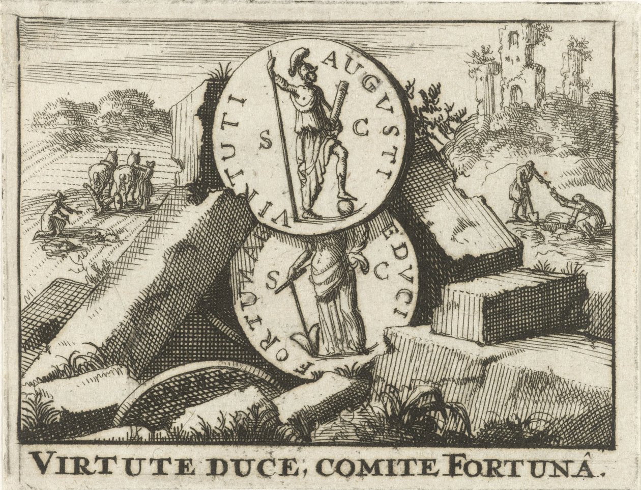 Romerska mynt lutad mot en hög med stenar Virtute Duce, kommitté Fortuna (titel på objekt) av Jan Claesz ten Hoorn