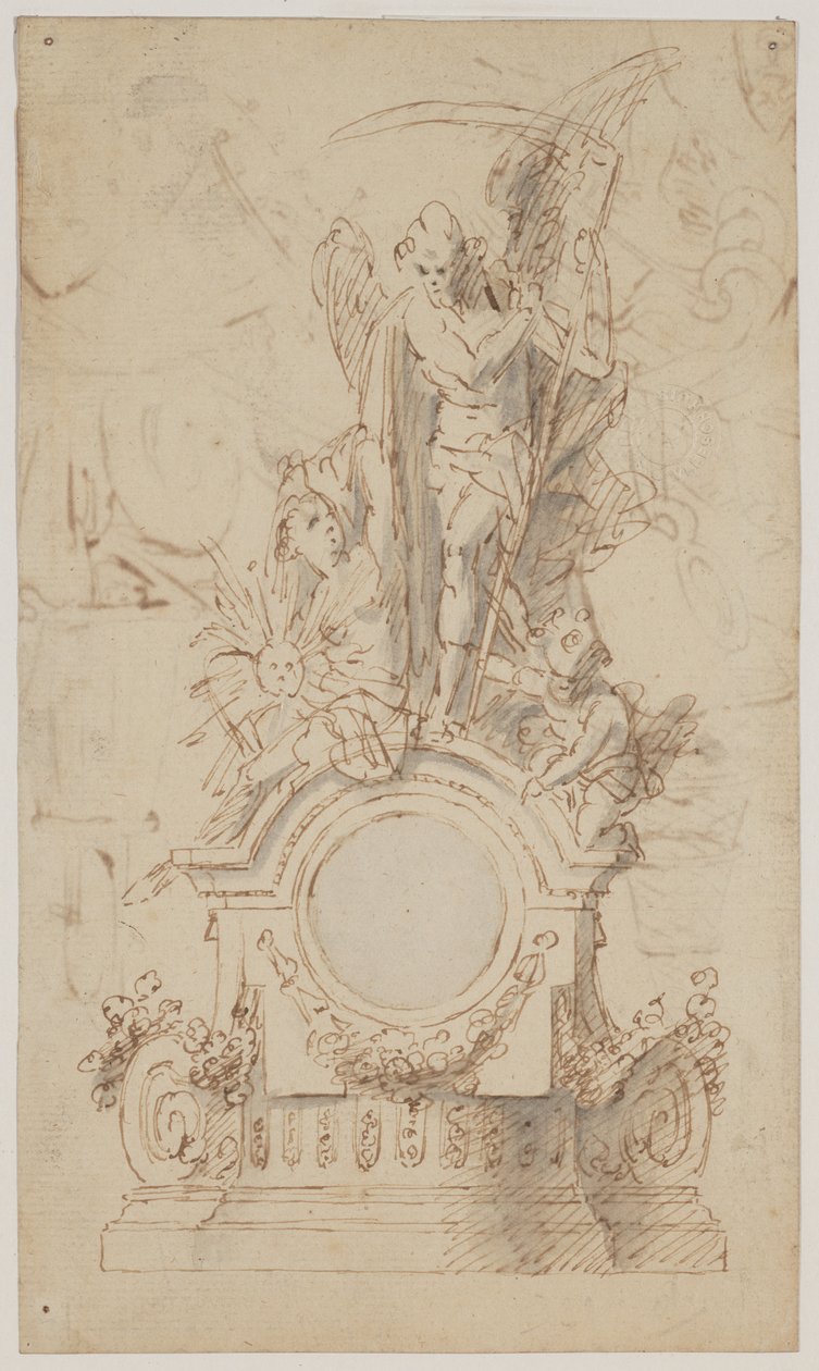 Design för en dekorativ klocka med Saturnus och änglar av Jan Claudius de Cock