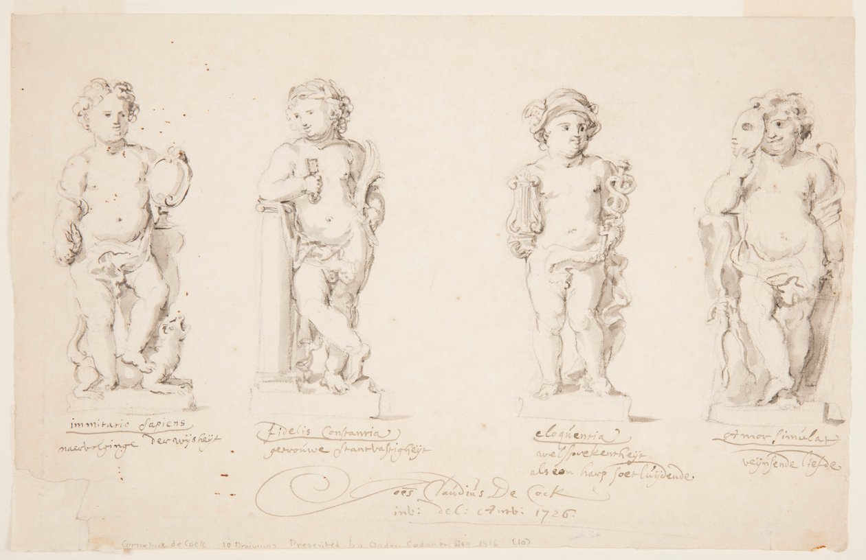 Ritning, Projekt för statyer: "Visdom." "Beständighet." "Vältalighet." "Amor förklädd", 1726 av Jan Claudius de Cock