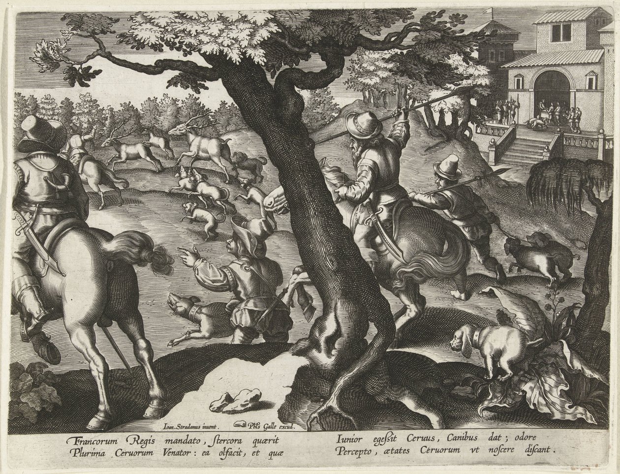 Hertenjacht met honden Jachttaferelen (serietitel) Jakten på vilt, fågel och fisk i Bestiary (serietitel) av Jan Collaert (II) (attributed to)