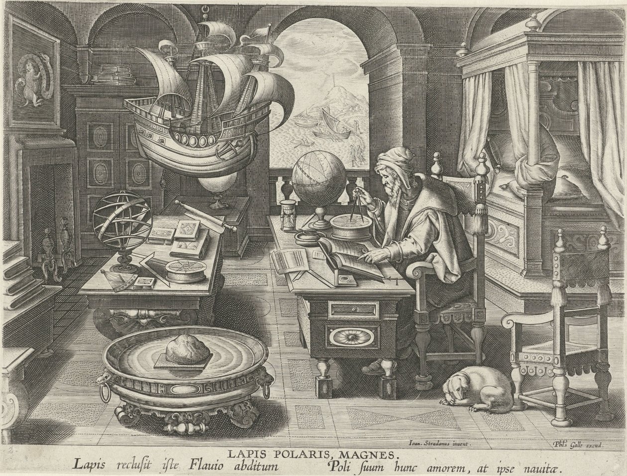 Kompassens uppfinning Lapis Polaris, Magnes (titel på objekt) Nya uppfinningar och upptäckter (serietitel) Nova Reperta (serietitel) av Jan Collaert (II) (attributed to)