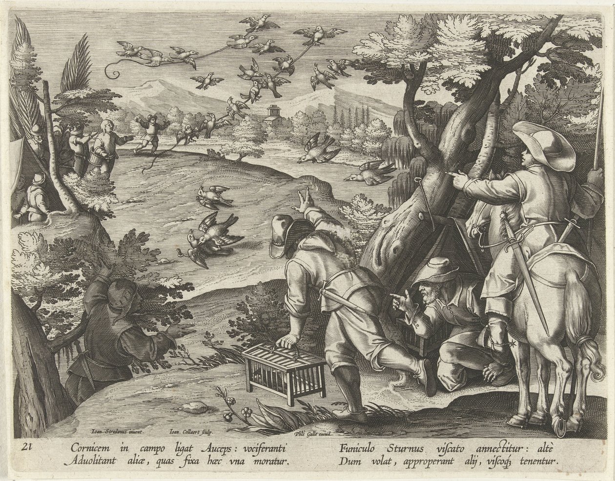 Jacht op kraaien en spreeuwen Jachttaferelen (serietitel) Jakten på vilt, fågel och fisk i Bestiary (serietitel) av Jan Collaert (II)
