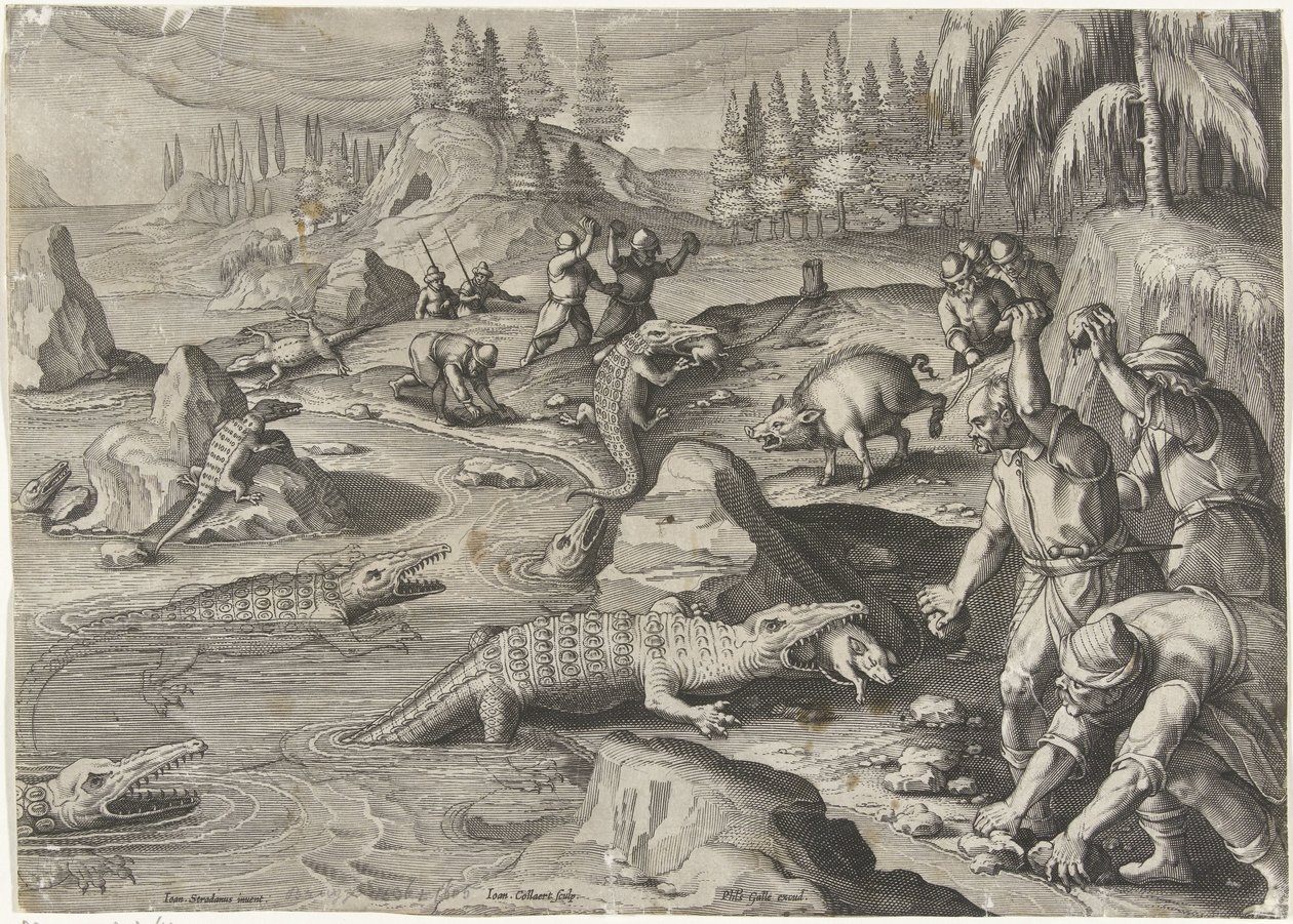 Krokodillenvangst Jachttaferelen (serietitel) Jakten på vilt, fågel och fisk i Bestiary (serietitel) av Jan Collaert (II)
