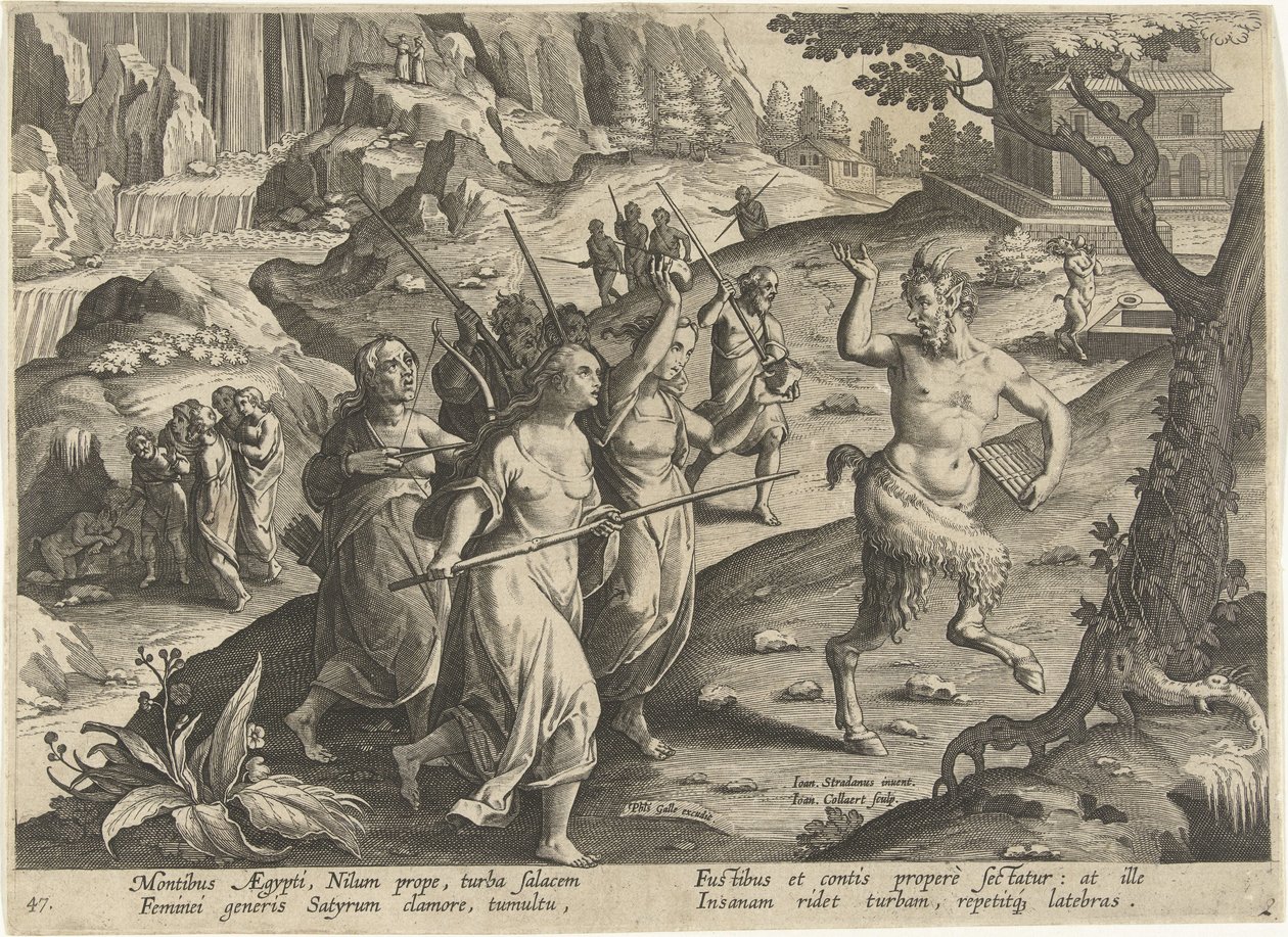 Vrouwen verjagen een sater Jachttaferelen (serietitel) Jakten på vilt, fågel och fisk i Bestiary (serietitel) av Jan Collaert (II)