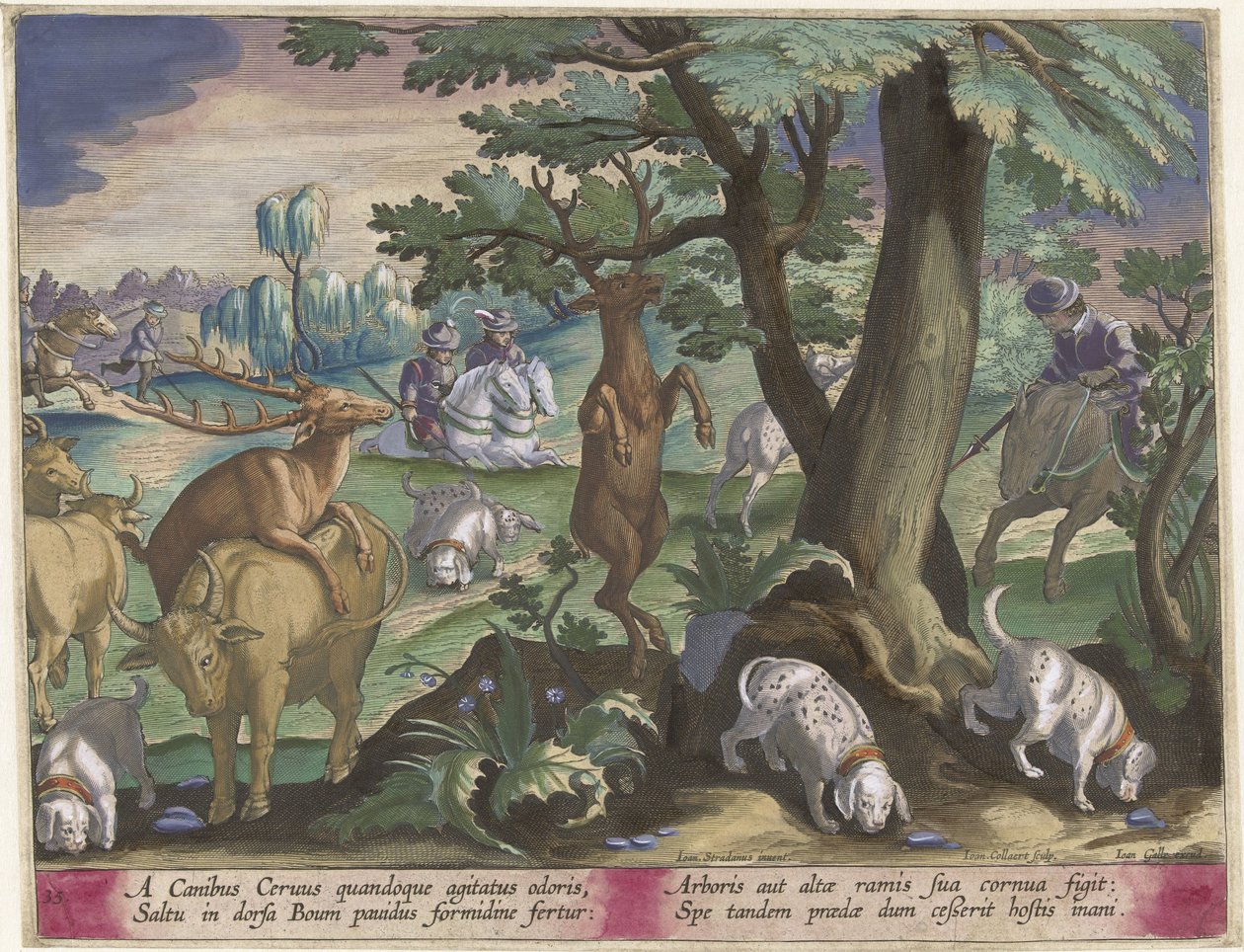 Hertenjacht met honden Jachttaferelen (serietitel) Jakten på vilt, fågel och fisk i Bestiary (serietitel) av Jan Collaert