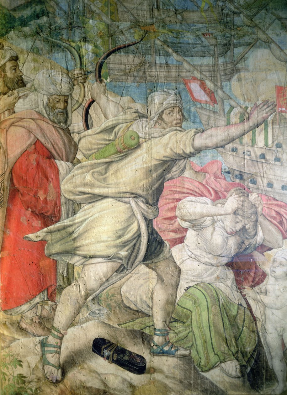 Karl V:s kampanj mot turkarna, detalj av en bågskytt från The Capture of La Goletta, 1535 (kol och wc på papper) av Jan Cornelisz Vermeyen