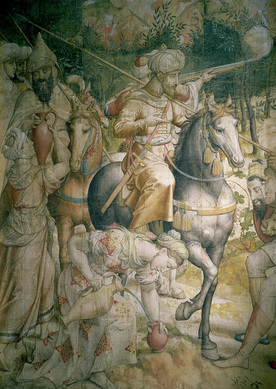 Kejsar Karl V:s kampanj mot turkarna i Tunis 1535: turkarnas nederlag i slaget vid Goletta, detalj av kavalleristerna som släcker sin törst, tecknad film efter en gobelängkol och wc av Jan Cornelisz Vermeyen