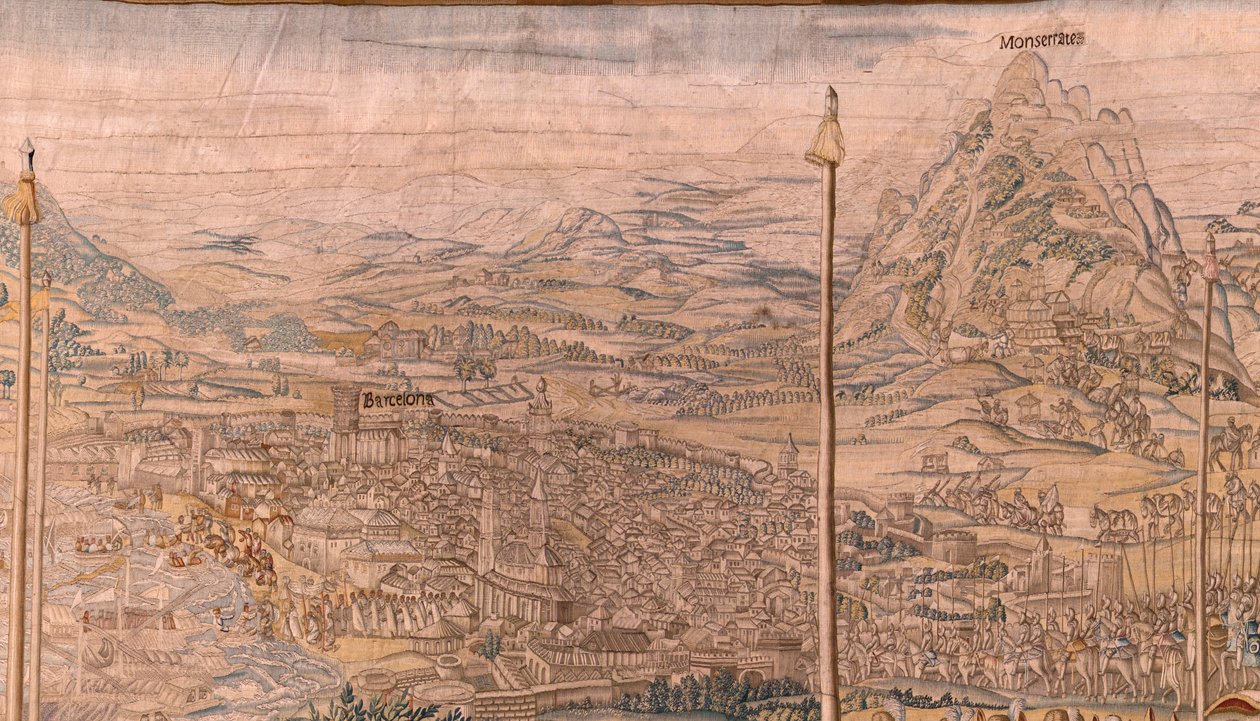 flamländsk gobeläng. Serien Erövringen av Tunis; Genomgång av trupperna i Barcelona (La revista de las tropas en Barcelona). Andra gobeläng i serien. Modellen Jan Vermeyen och Pieter Coecke van Aelst. 1543-1548. Tillverkning Real Fábrica de Tapices de Sant av Jan Cornelisz Vermeyen
