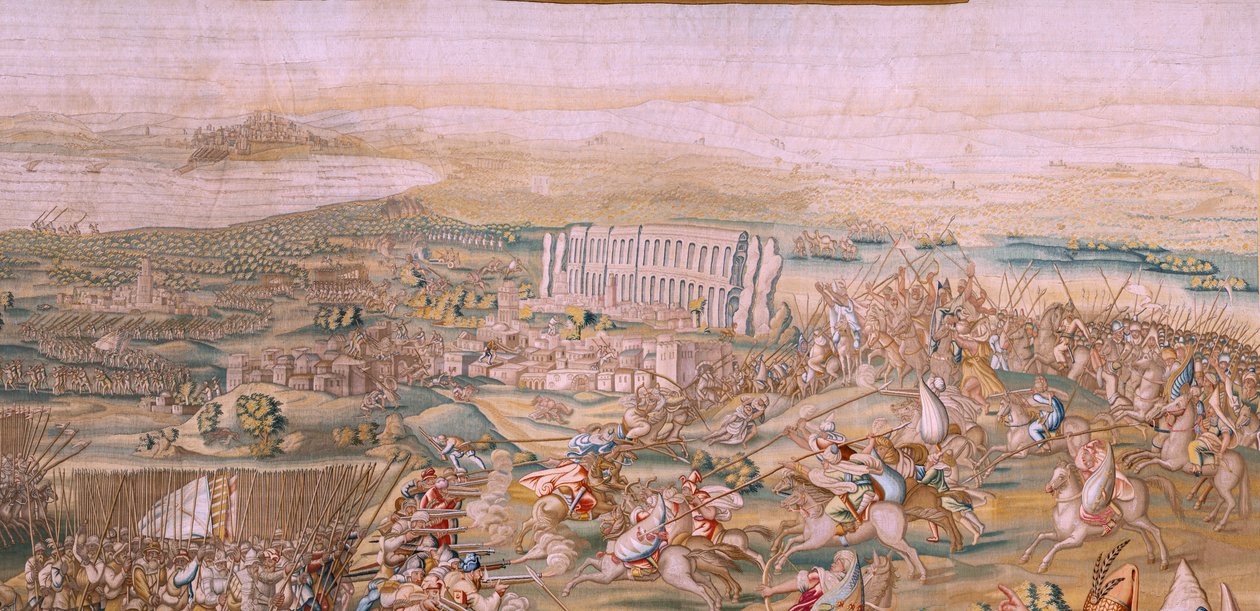 flamländsk gobeläng. Serien Erövringen av Tunis. Attacken på La Goleta (Ataque a la Goleta). Fjärde gobelängen i serien. Modellen Jan Vermeyen och Pieter Coecke van Aelst. 1543-1548. Tillverkning Real Fábrica de Tapices de Santa Bárbara, Madrid av Jan Cornelisz Vermeyen