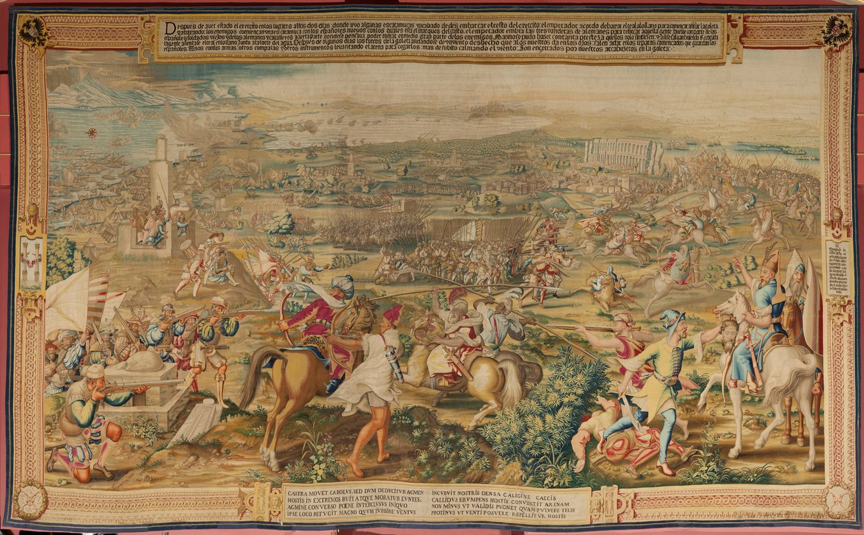 flamländsk gobeläng. Serien Erövringen av Tunis. Attacken på La Goleta (Ataque a la Goleta). Fjärde gobelängen i serien. Modellen Jan Vermeyen och Pieter Coecke van Aelst. 1543-1548. Tillverkning Real Fábrica de Tapices de Santa Bárbara, Madrid av Jan Cornelisz Vermeyen