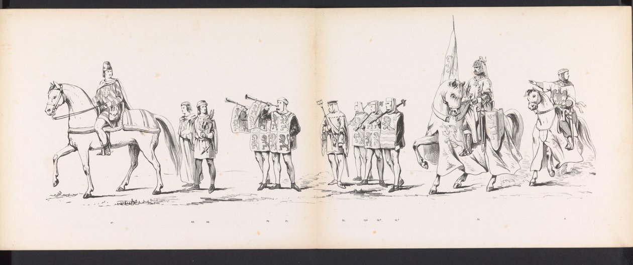 Masquerade of the Leiden Students, 1865 (skylt 6) Klädd procession som hölls av medlemmarna i Leidens studentkår den 6 juni 1865, för att fira 290-årsjubileet av Leidsche Hoogeschool, som visar: holländarnas inträde i av Jan Daniël Cornelis Carel Willem baron de Constant Rebecque