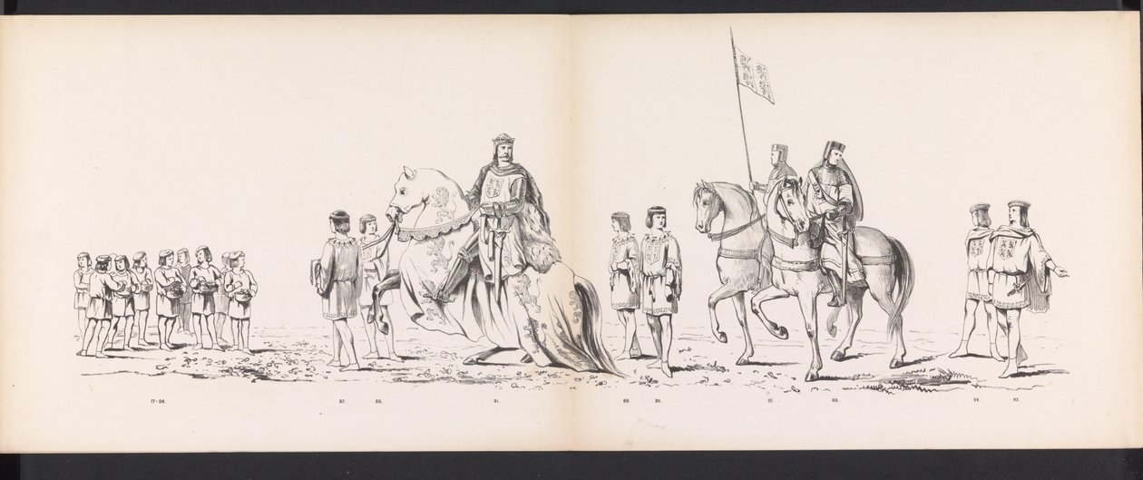 Masquerade of the Leiden Students, 1865 (skylt 7) Klädd procession som hölls av medlemmarna i Leidens studentkår den 6 juni 1865, för att fira 290-årsjubileet av Leidsche Hoogeschool, som visar: holländarnas inträde i av Jan Daniël Cornelis Carel Willem baron de Constant Rebecque