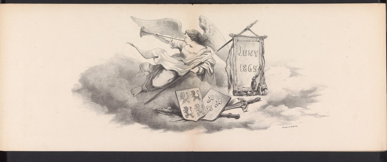 Masquerade of the Leiden Students, 1865 (titel) Klädd procession som hölls av medlemmarna i Leidens studentkår den 6 juni 1865, för att fira 290-årsjubileet av Leidsche Hoogeschool, som visar: holländarnas inträde i av Jan Daniël Cornelis Carel Willem baron de Constant Rebecque