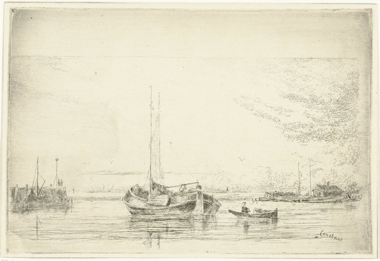 Flodutsikt med pråm och roddbåt av Jan Daniël Cornelis Carel Willem baron de Constant Rebecque