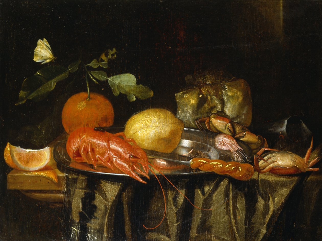 En kräfta, räkor och en citron på en tennplatta på ett draperat bord (olja på duk) av Jan Davidsz de (after) Heem