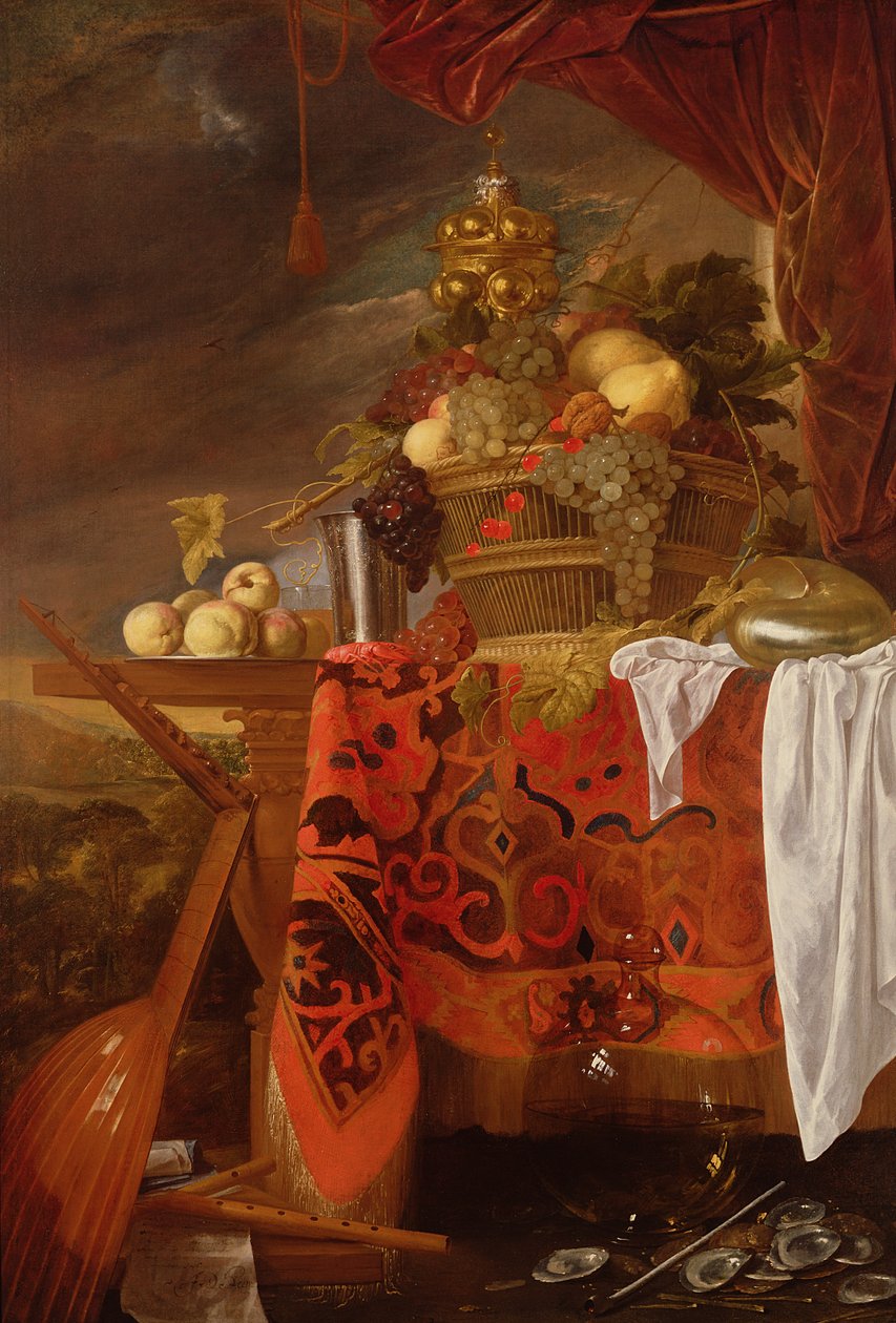 En korg med blandad frukt med förgylld kopp, silverkalk, Nautilus, glas och persikor på en tallrik av Jan Davidsz de Heem