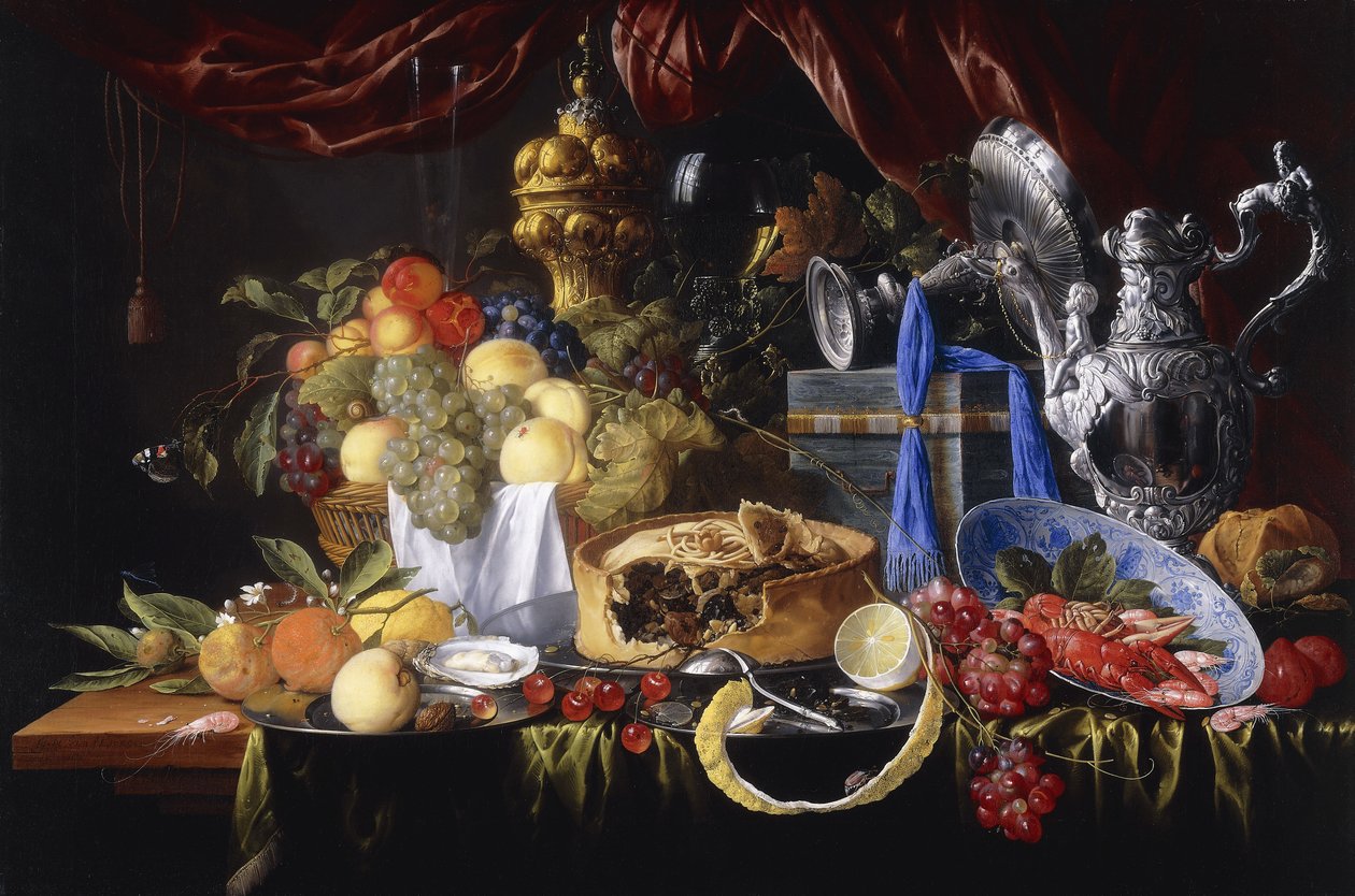 En paj på en tenn tallrik, en delvis skalad citron, en silversked på en tenn tallrik, kräftor och räkor i en Wanli Kraak Porselein skål, 1649 av Jan Davidsz de Heem